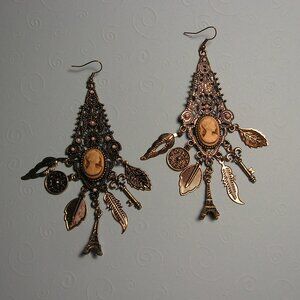 Bohemian Cameo and  multi charm dangle earrings